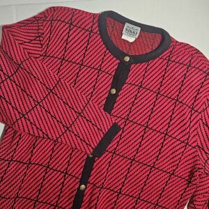 Womens L Made In USA 100% Acrylic Sweater Button Front Cardigan Vintage Red Blk